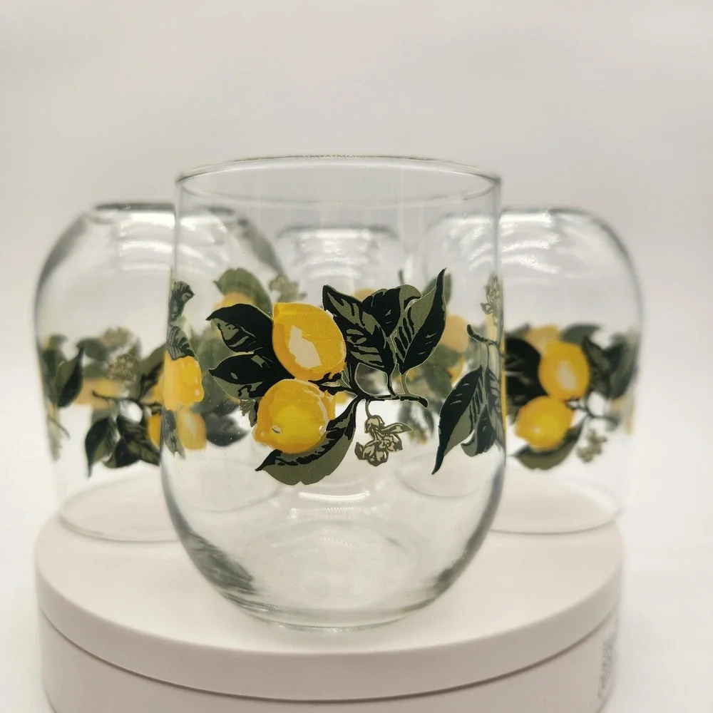 Set of 4 Lemon Citrus Print Stemless Wine Glasses Tumblers Clear Yellow Green
